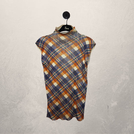 Issey Miyake Pleats Please oranje multi-strepen top met korte mouwen S