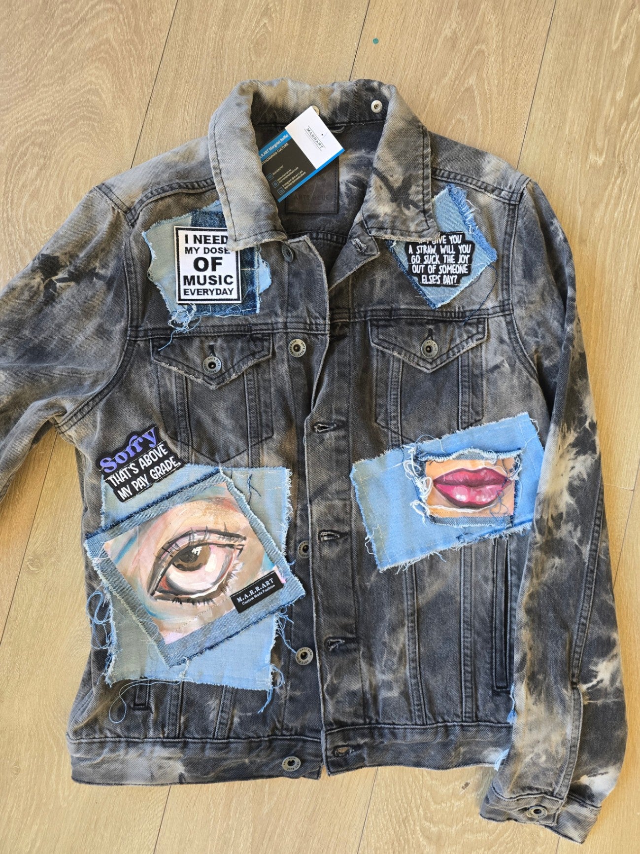Grey Denim patched jacket eyes OS- By M.a.r.r.art