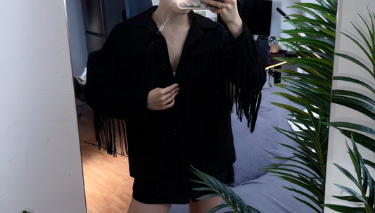 Zara black leather collection fringe jacket S
