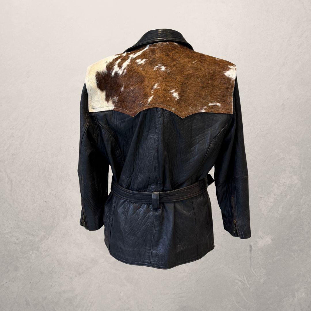 Vintage	black	leather + cow skin	UPCYCLED jacket short	M	- by SESE