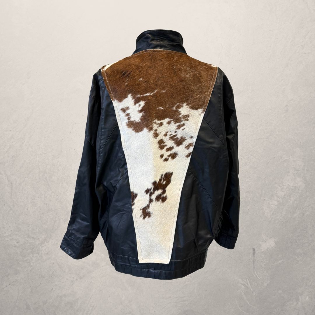 Vintage	black	leather + cow skin	UPCYCLED jacket short	L	- by SESE