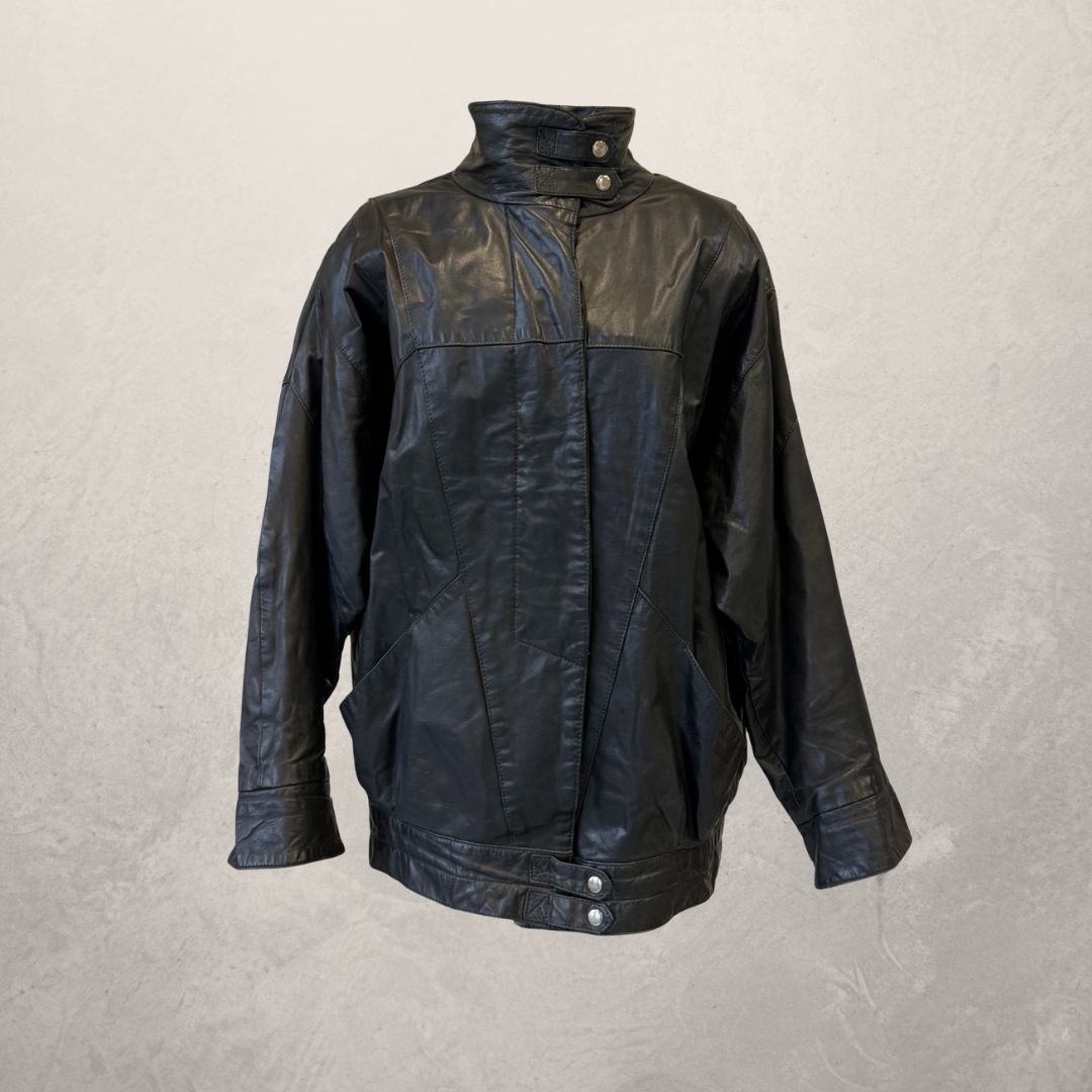 Vintage	black	leather + cow skin	UPCYCLED jacket short	L	- by SESE