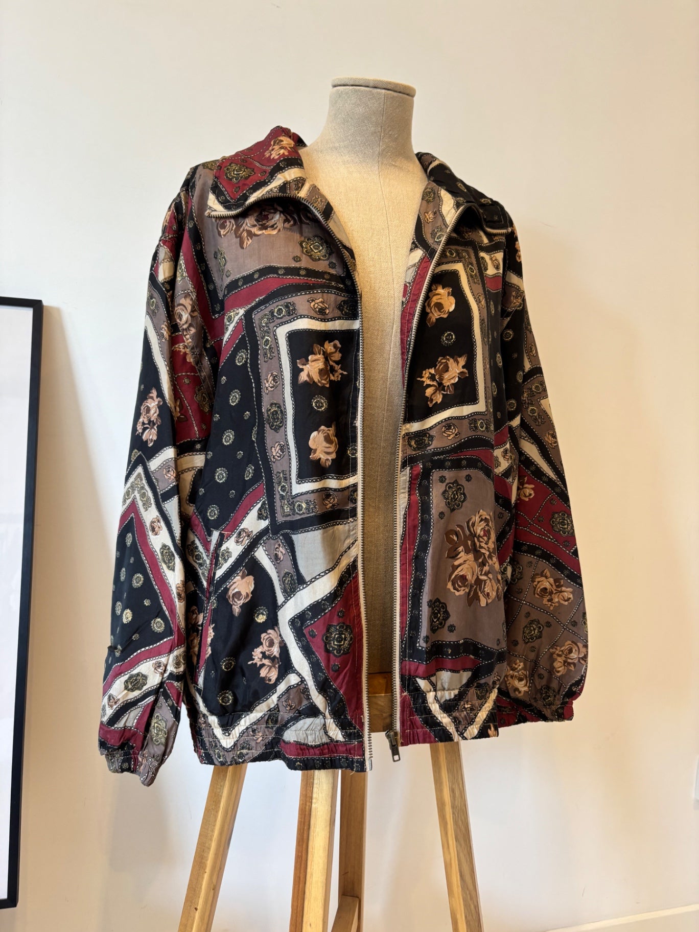 Vintage EVR  multicoloured geometric rose printsilk bomber jacket M