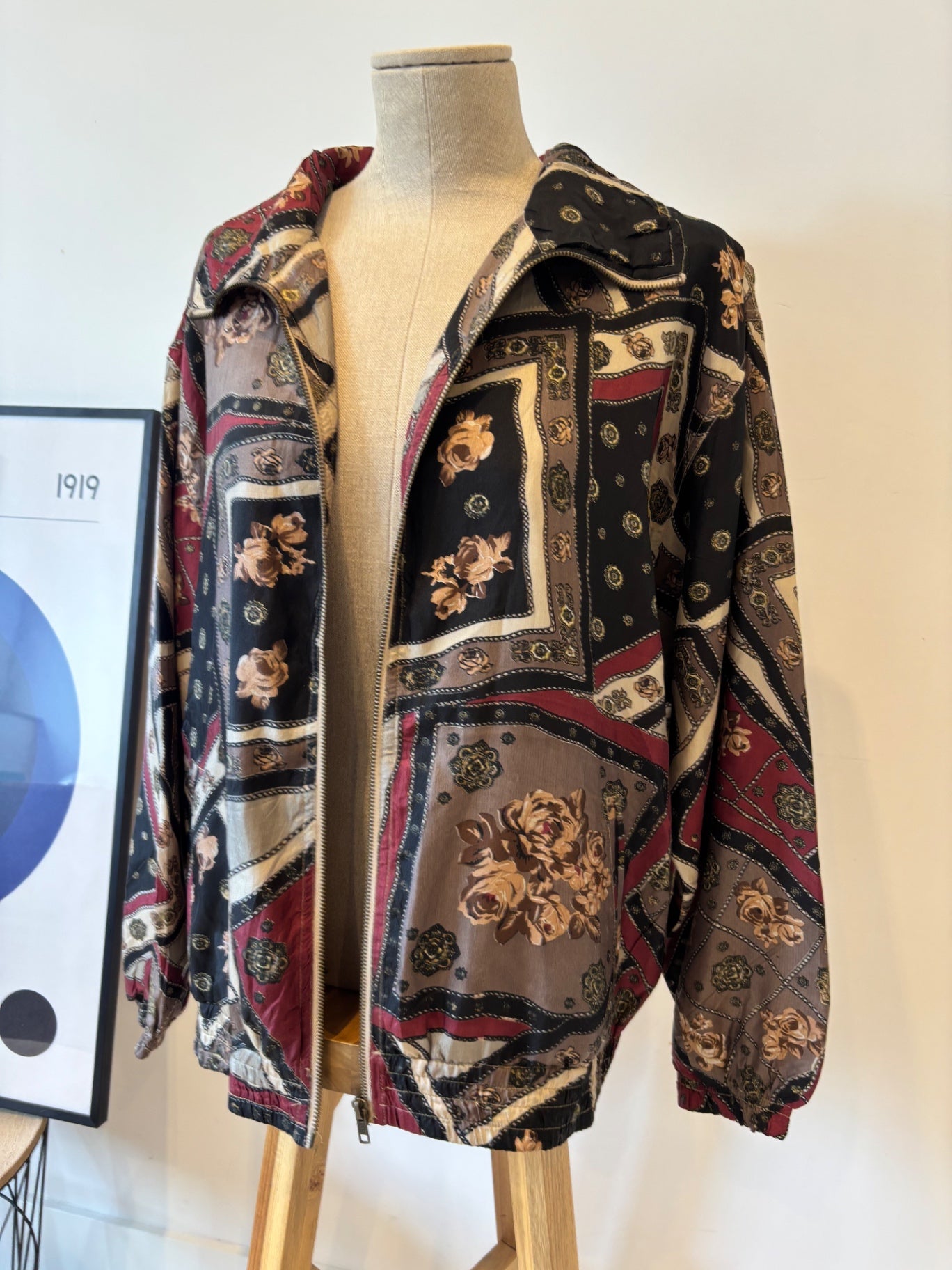Vintage EVR  multicoloured geometric rose printsilk bomber jacket M
