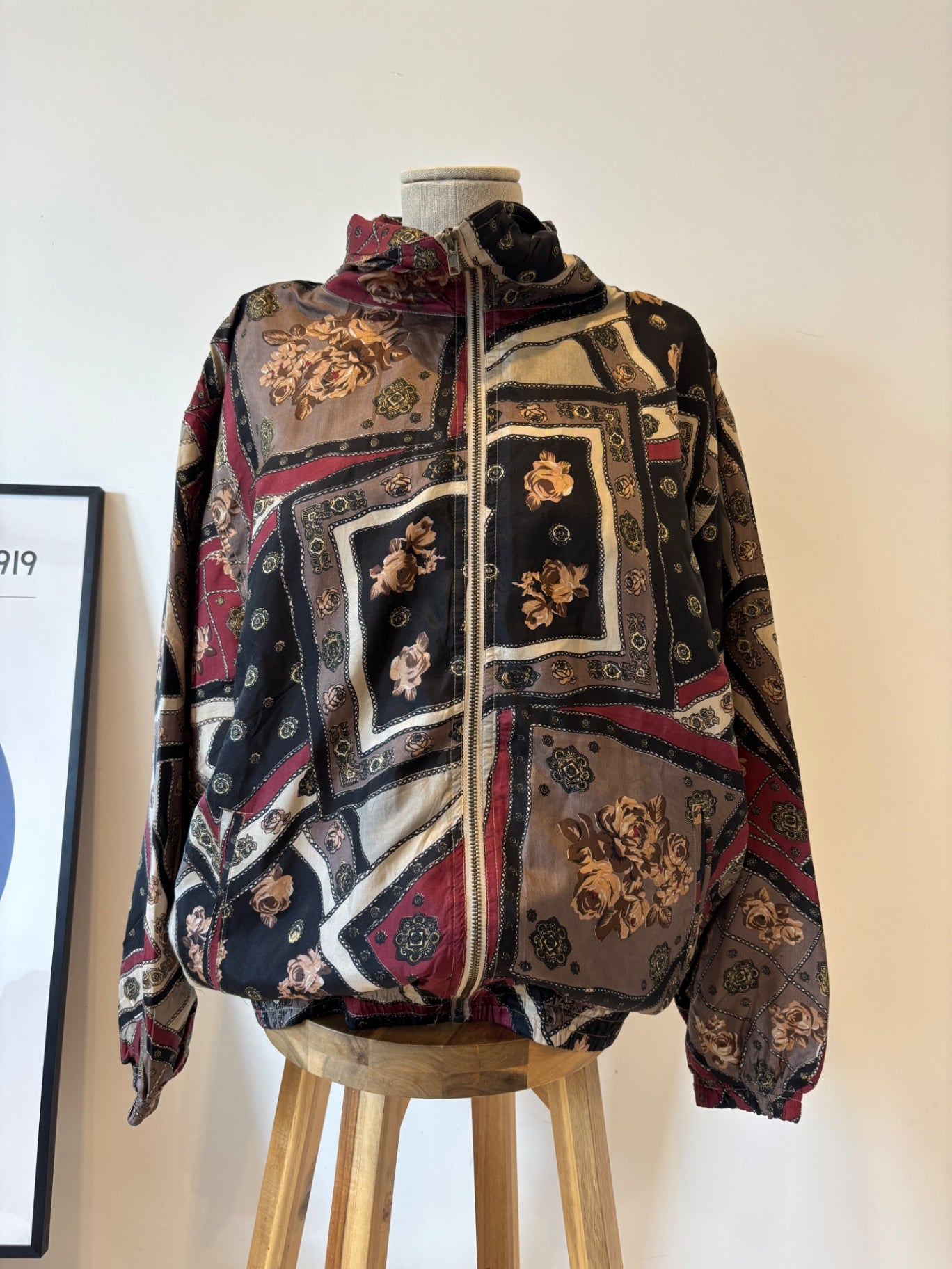 Vintage EVR  multicoloured geometric rose printsilk bomber jacket M