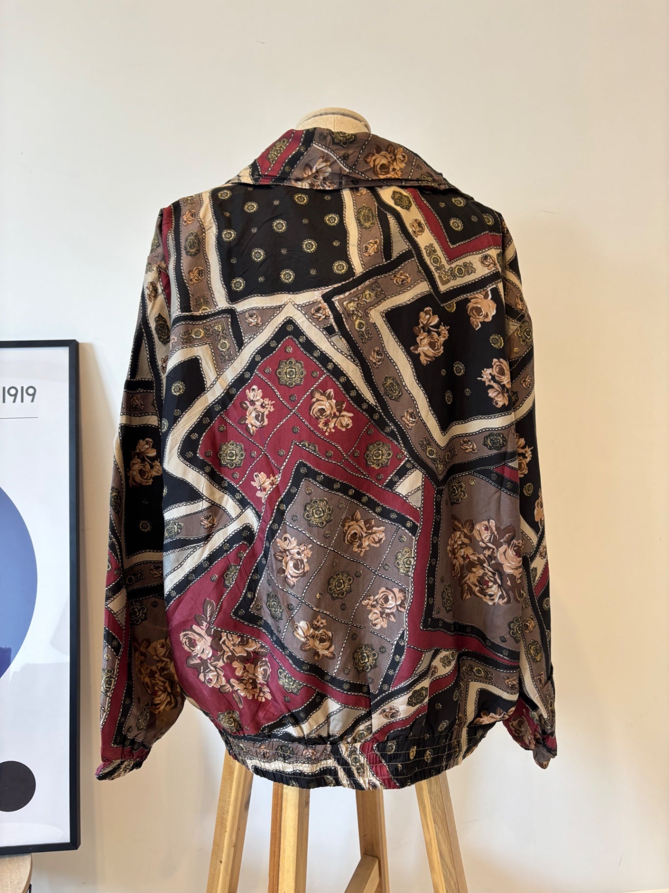 Vintage EVR  multicoloured geometric rose printsilk bomber jacket M