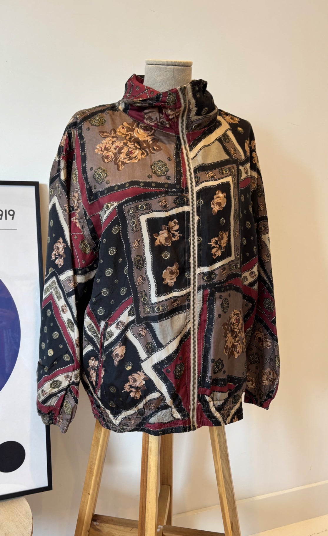 Vintage EVR  multicoloured geometric rose printsilk bomber jacket M