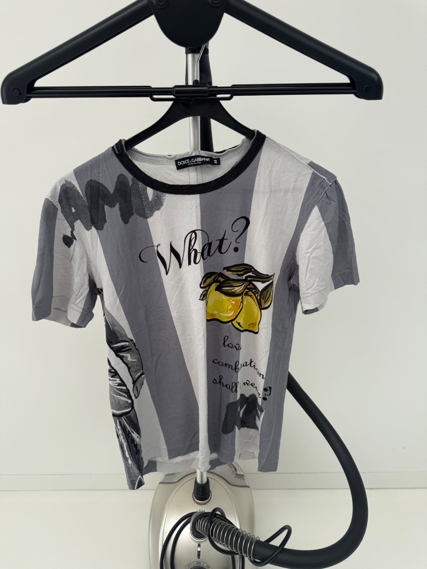 Dolce & Gabbana white and grey striped cotton crewneck t-shirt M