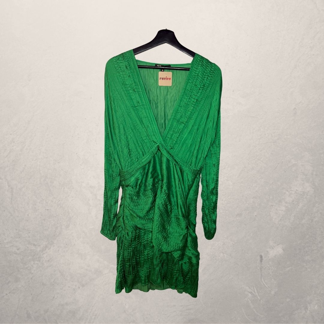 Maje groene gerimpelde jurk met lange mouwen L