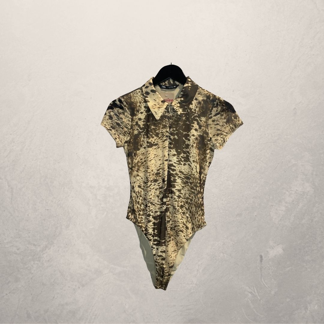 Zara beige brown splatter paint bodysuit M