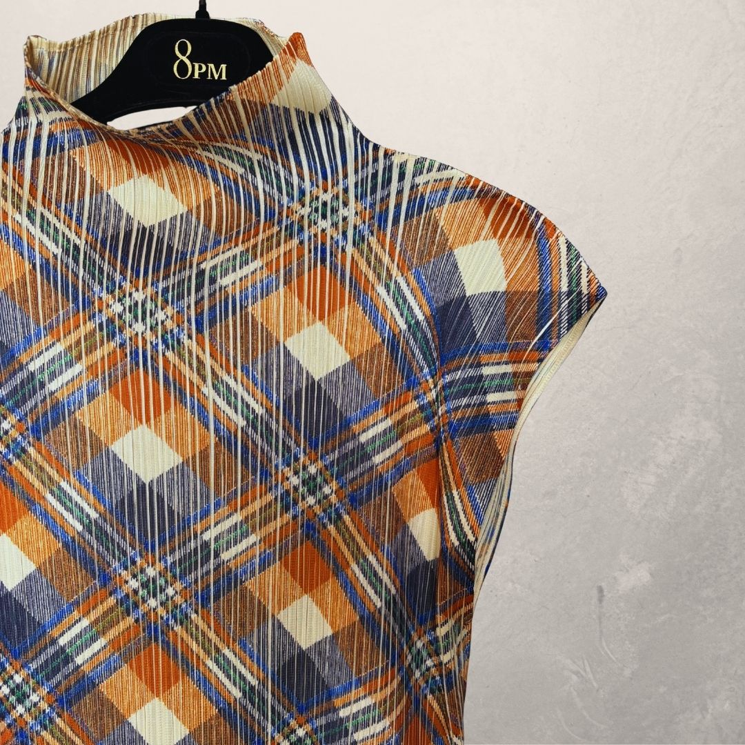 Issey Miyake Pleats Please oranje multi-strepen top met korte mouwen S