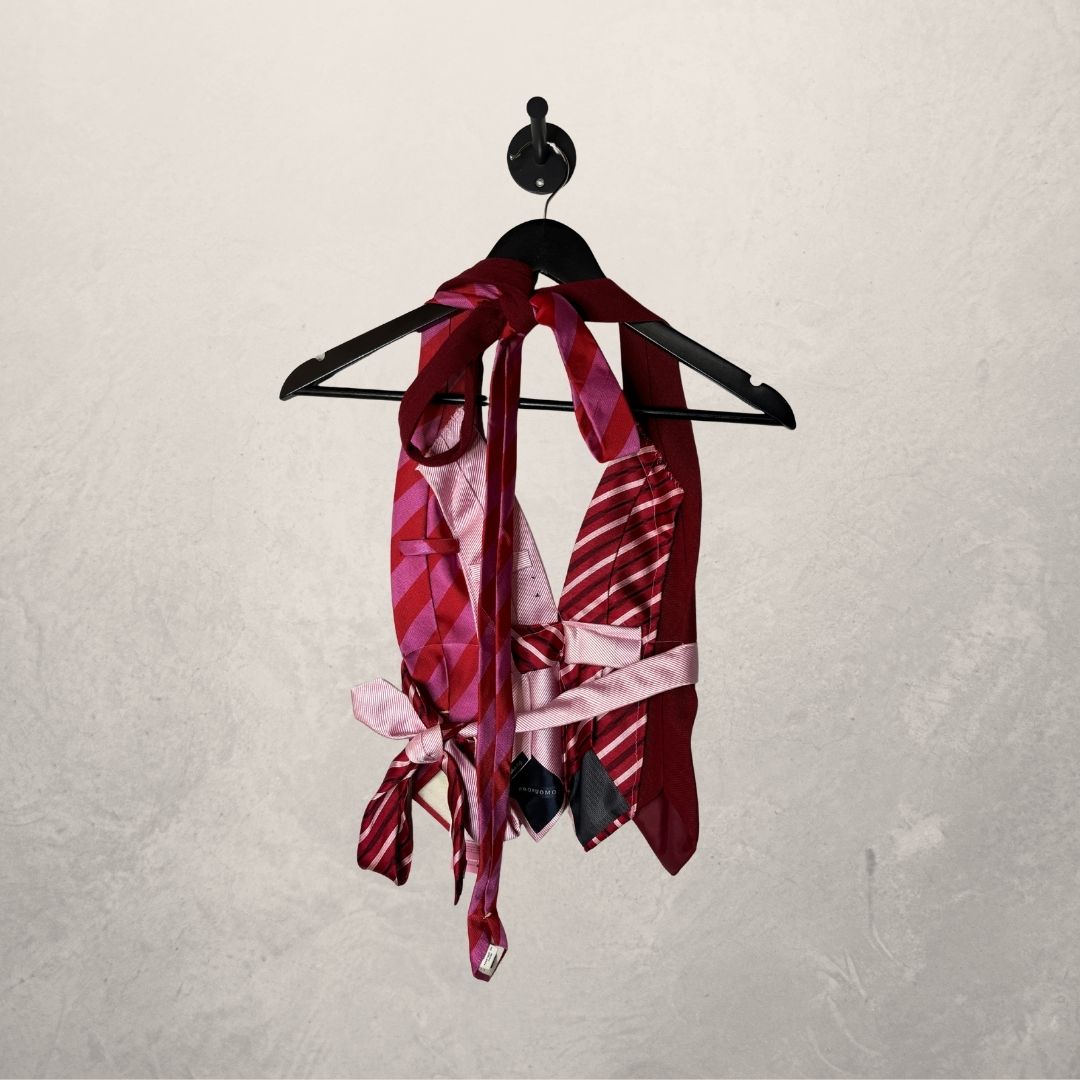 Vintage roze/rode haltertop met striksluiting - van WNDY