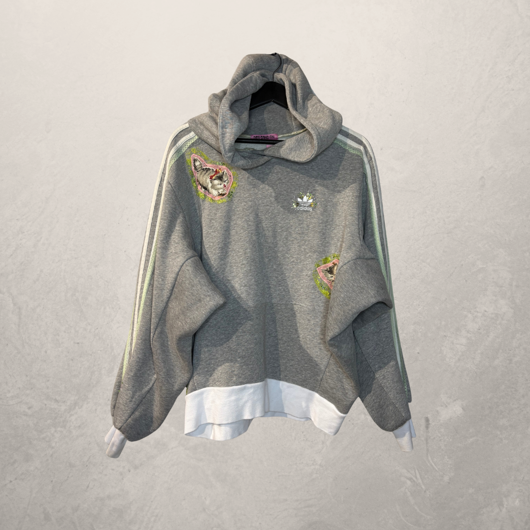 Upcycled Adidas Gray Ganni and Cats Oversized fit hoodie M- by	Aida Sans Fin