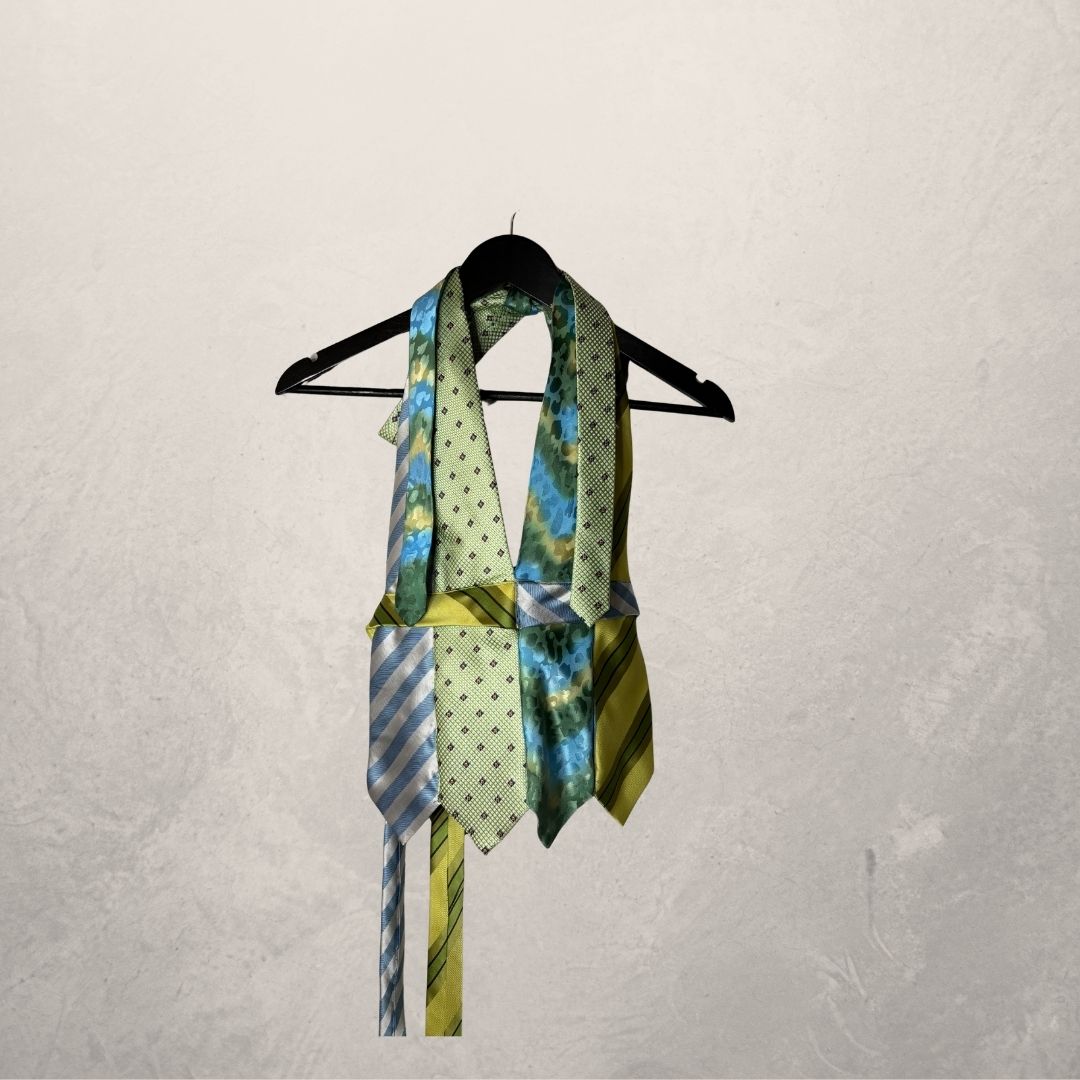 Vintage pastelblauw-groene haltertop met striksluiting - door WNDYdesign