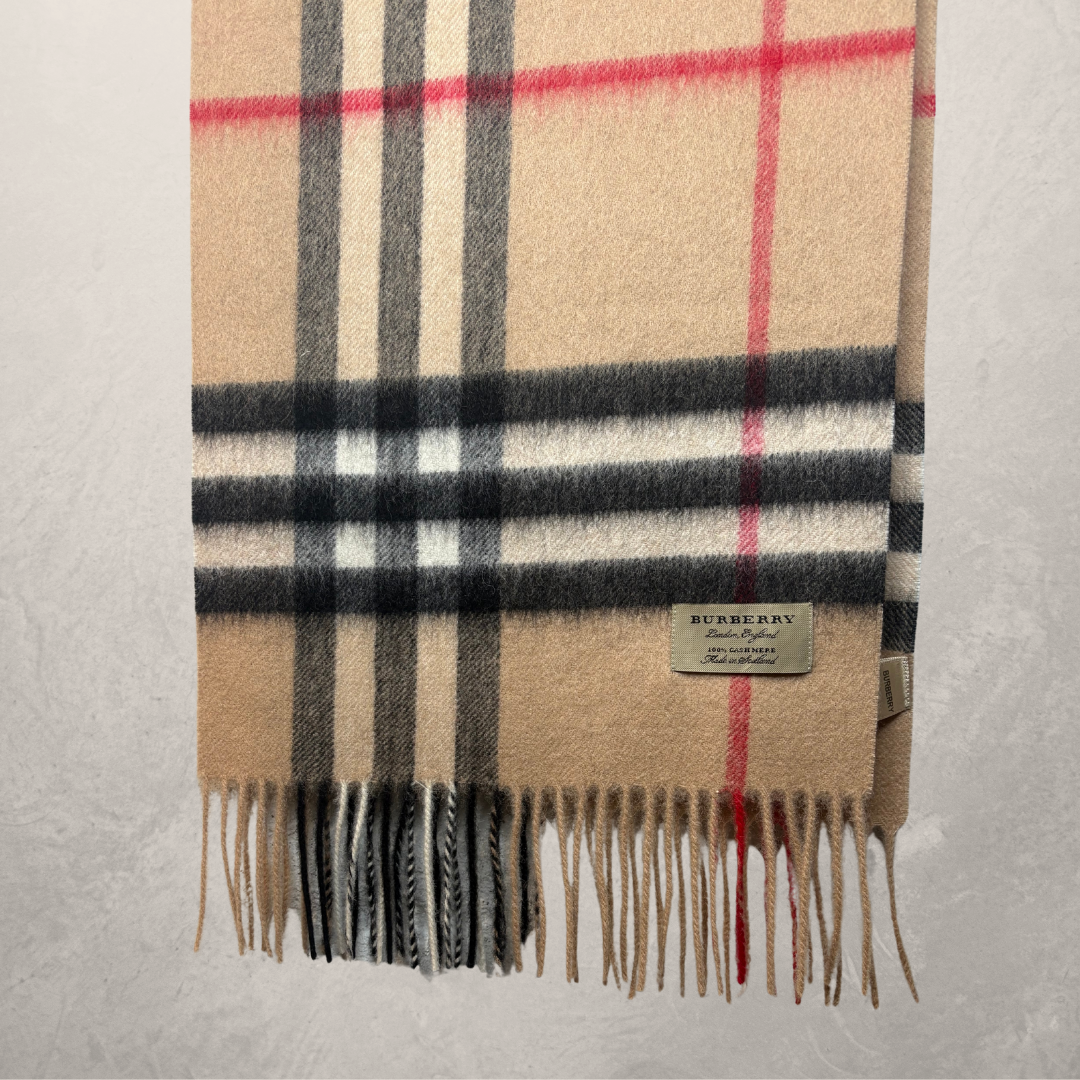 Burberry brown checkered 100% cashmere 170cm by 30 cm scarf OS