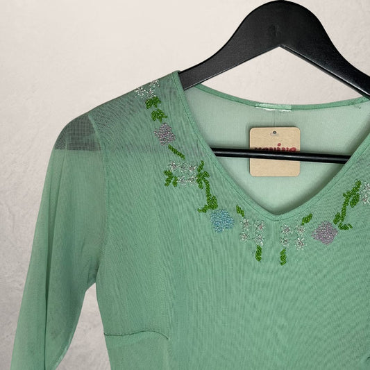 Vintage mint green beaded mesh top XS