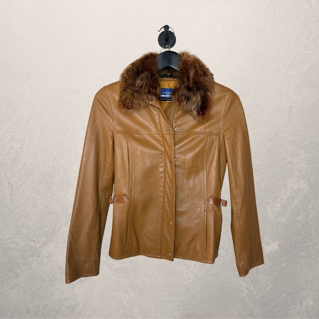 Burberry karamelbruin leren jack met bontkraag, getailleerd, maat XS/S