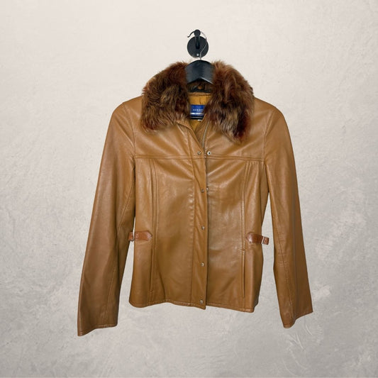 Burberry karamelbruin leren jack met bontkraag, getailleerd, maat XS/S