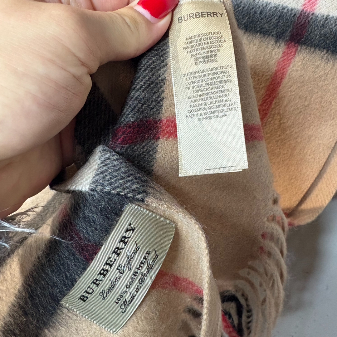 Burberry brown checkered 100% cashmere 170cm by 30 cm scarf OS