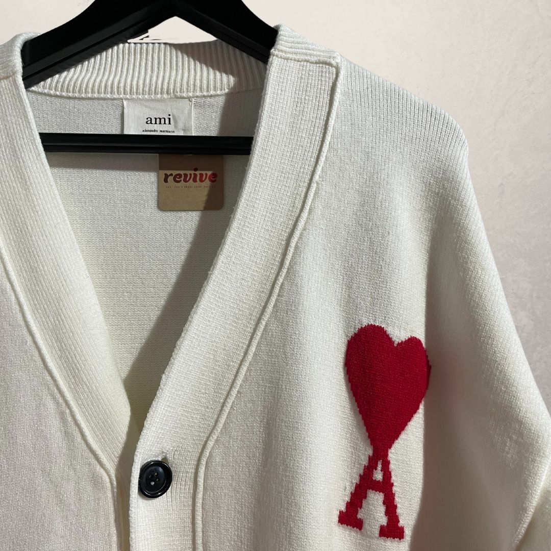 AMI Paris white/ red logo cotton cardigan XL