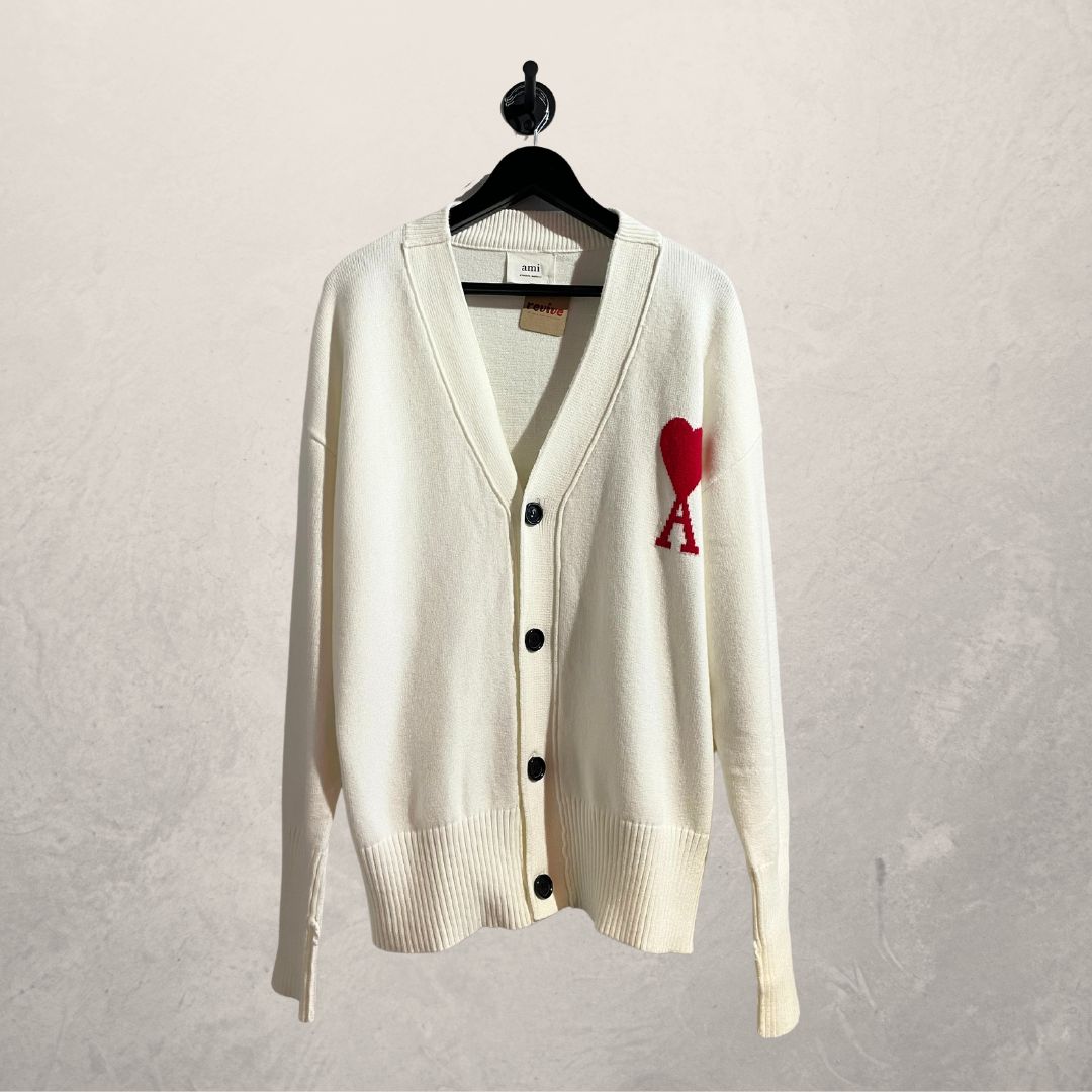 AMI Paris white/ red logo cotton cardigan XL