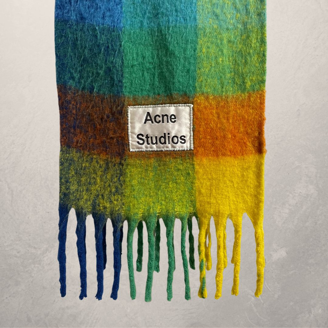 Acne Studios blauw geruite sjaal van kasjmierwolmix, 220 x 50 cm