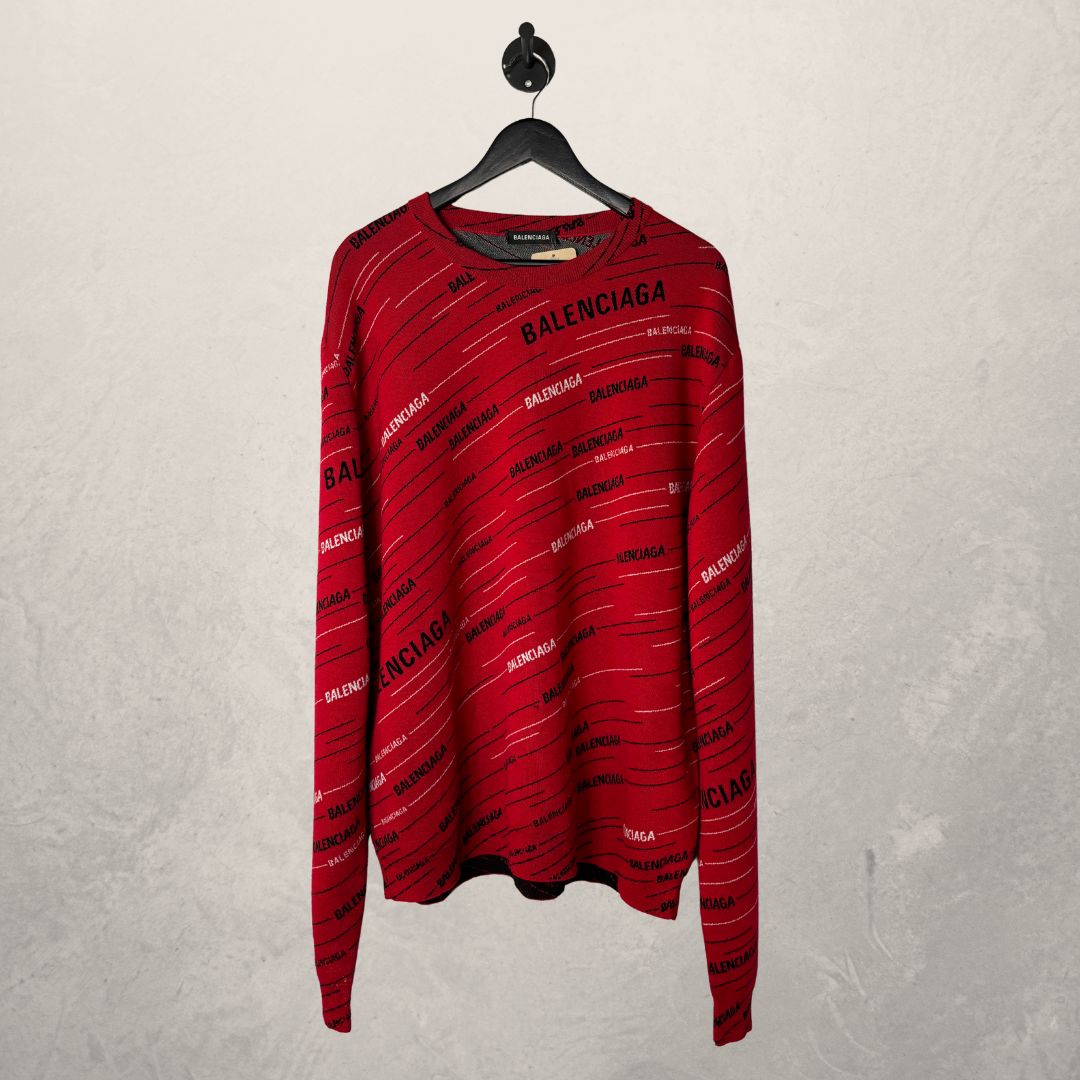 Balenciaga all-over logo jacquard red knit sweater XL