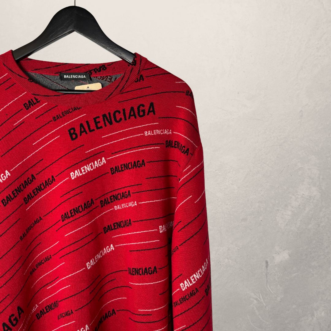 Balenciaga all-over logo jacquard red knit sweater XL
