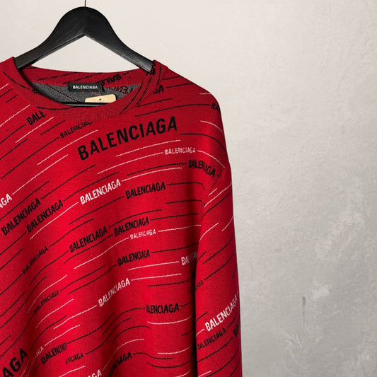 Balenciaga all-over logo jacquard red knit sweater XL