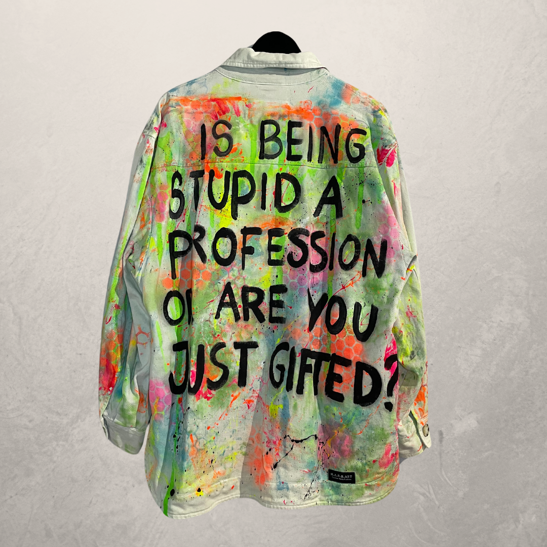 Being stupid green denim jacket XL - By @M.a.r.r.art