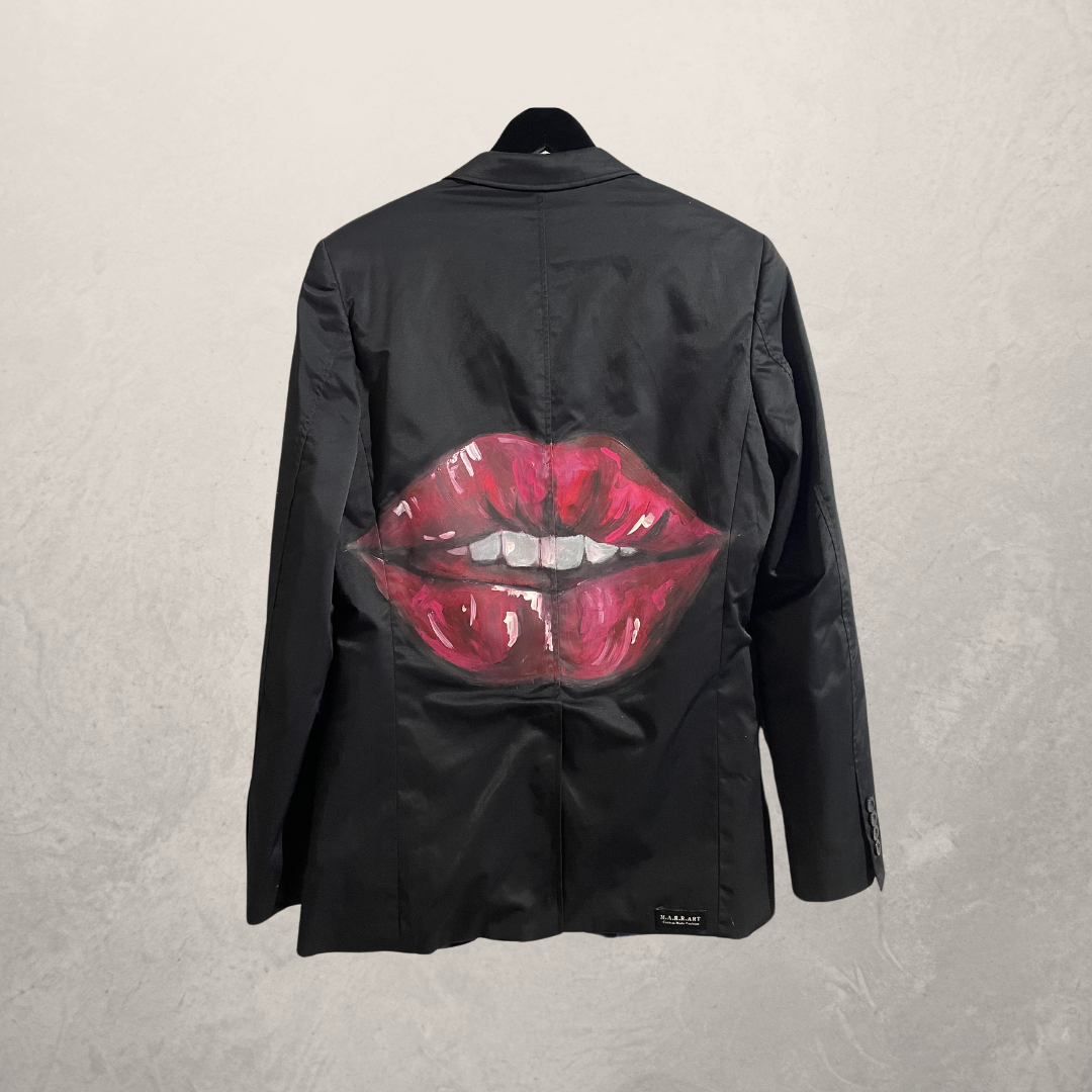 Black hi shine red lips painted blazer M- by @M.a.r.r.art