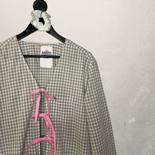 Burberry Beige and white checkered tie blouse M/L- By Mees.Makes
