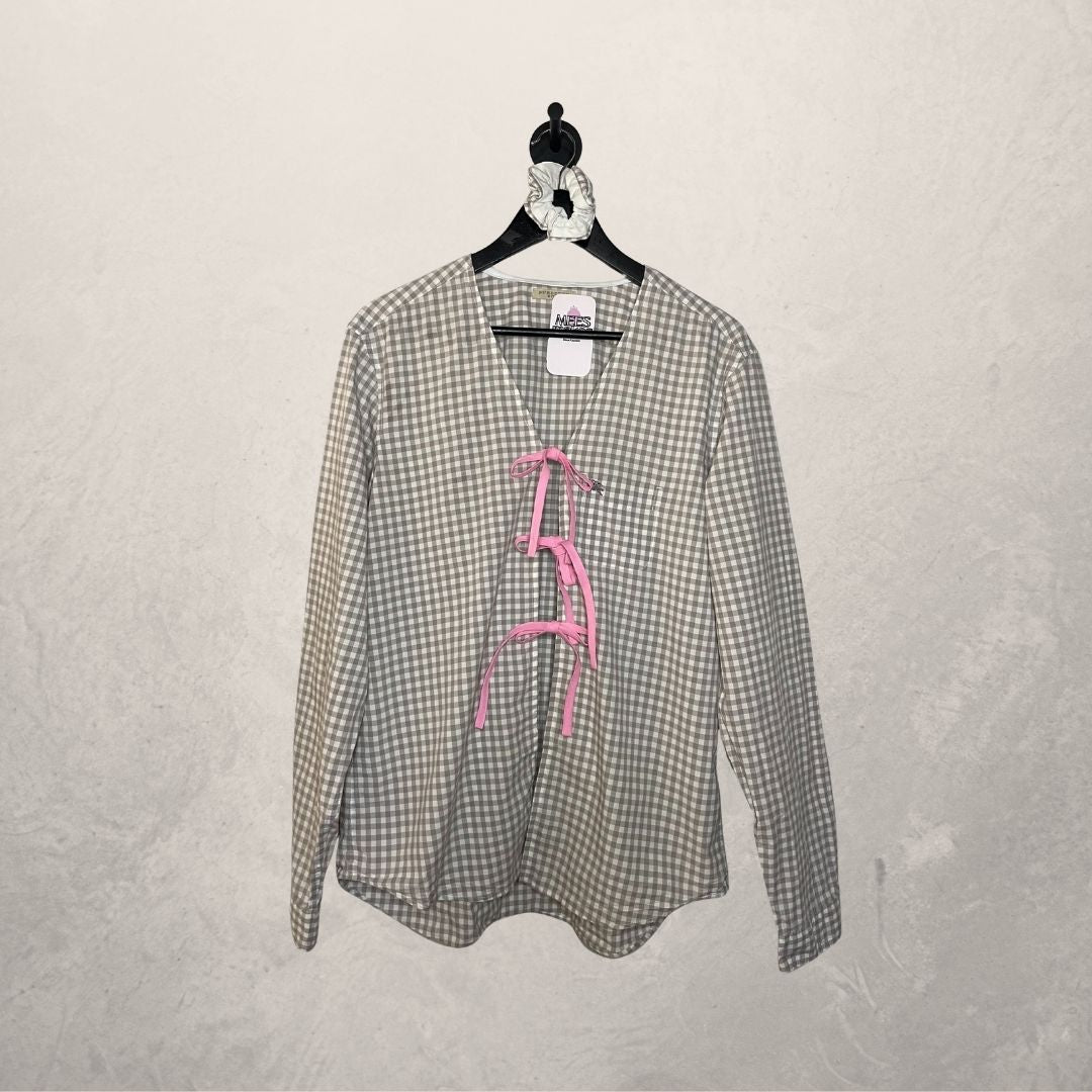 Burberry Beige and white checkered tie blouse M/L- By Mees.Makes