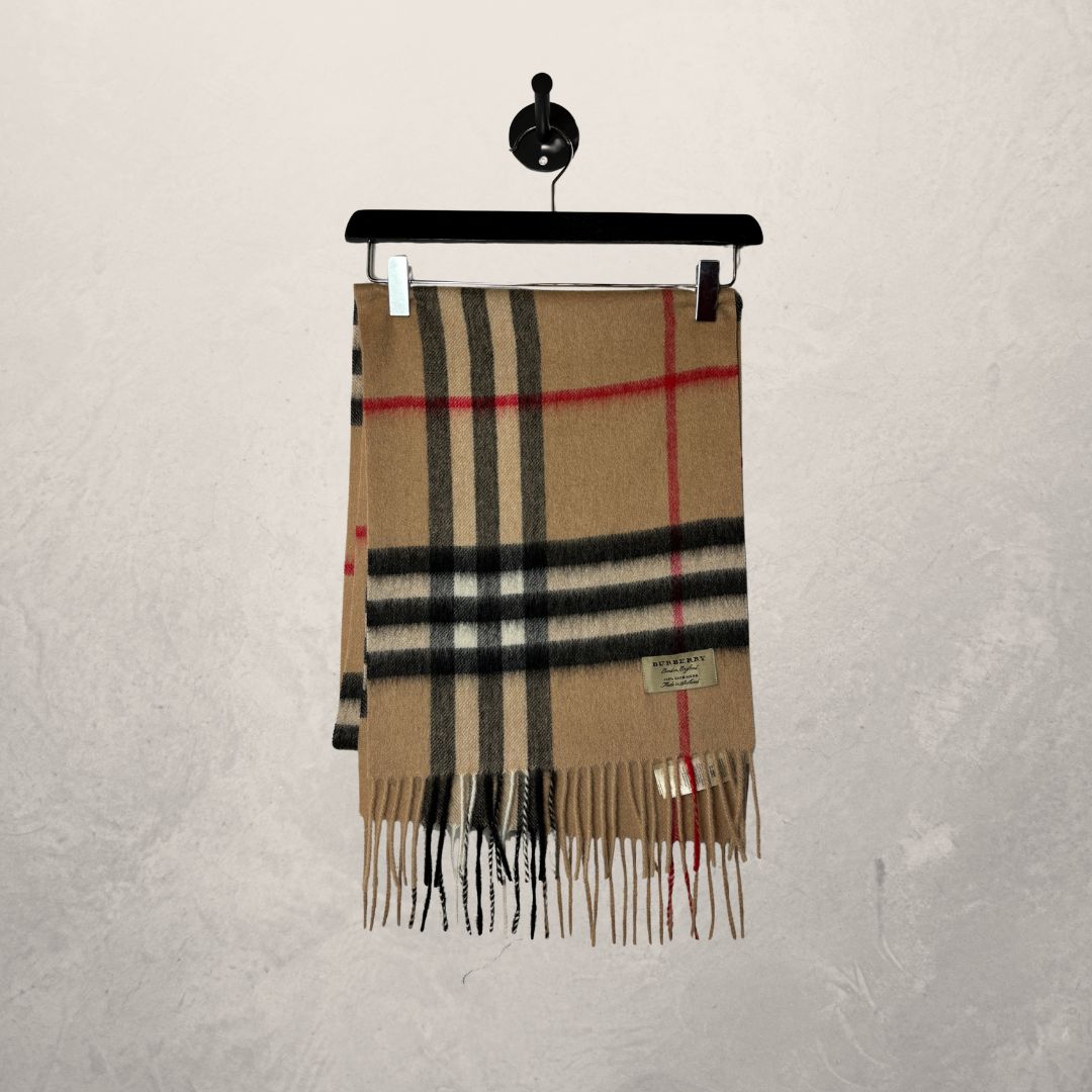 Burberry brown checkered 100% cashmere 170cm by 30 cm scarf OS