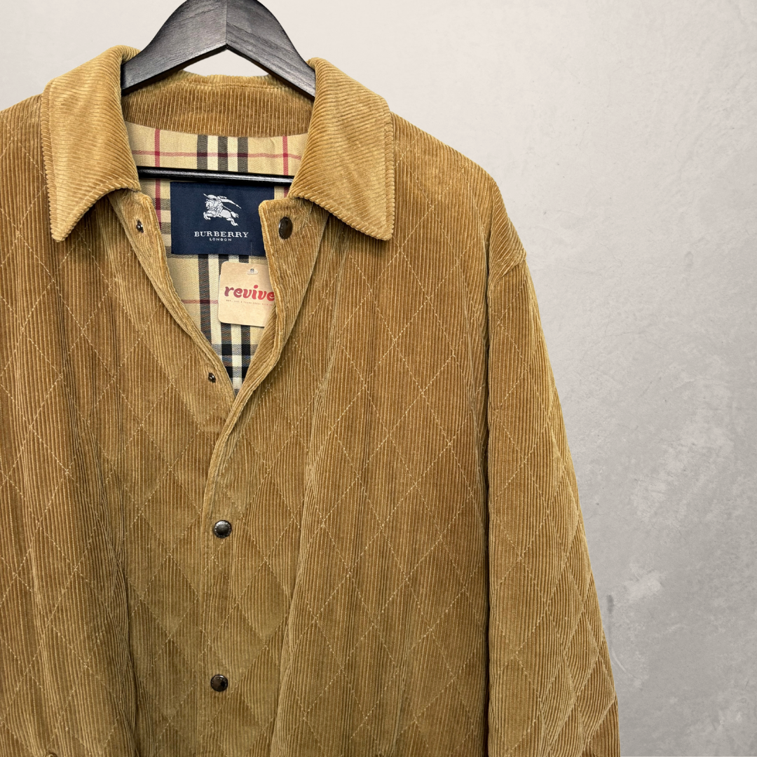 Burberry corduroy jas in beige/bruin met tartan voering maat L