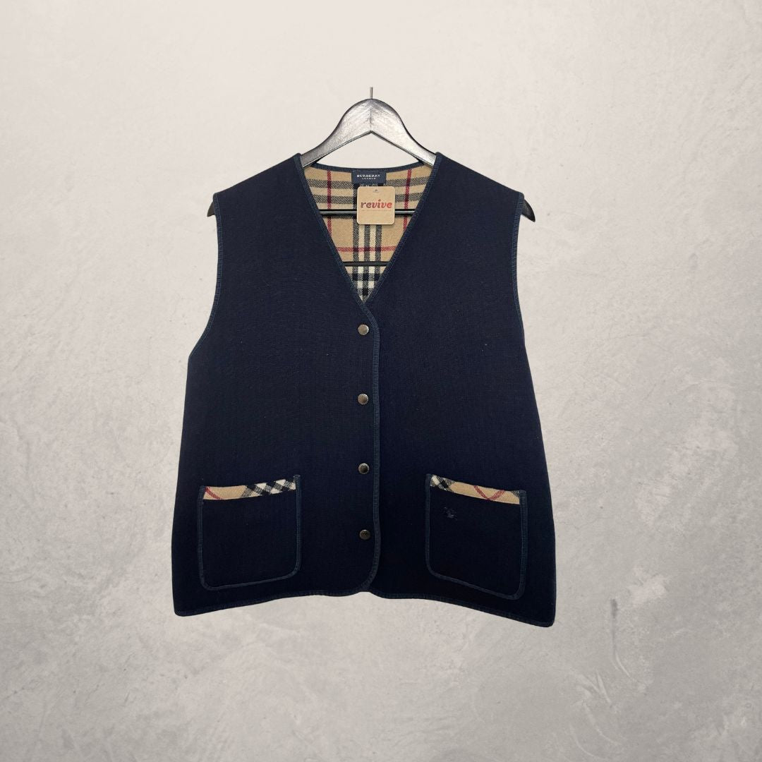Burberry navy wool gilet tartan lining M
