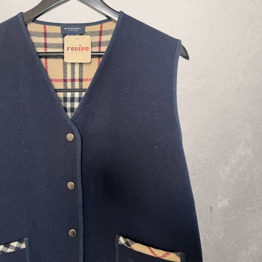 Burberry navy wool gilet tartan lining M