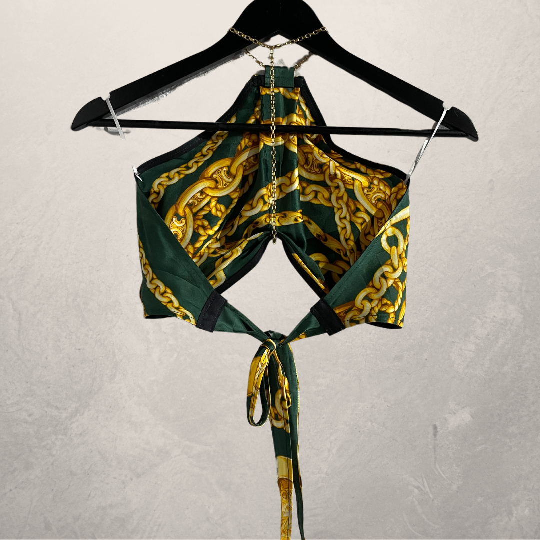 "CELINE" green gold 100% silk chain halter top M/L- by @Home_is_a_Runway