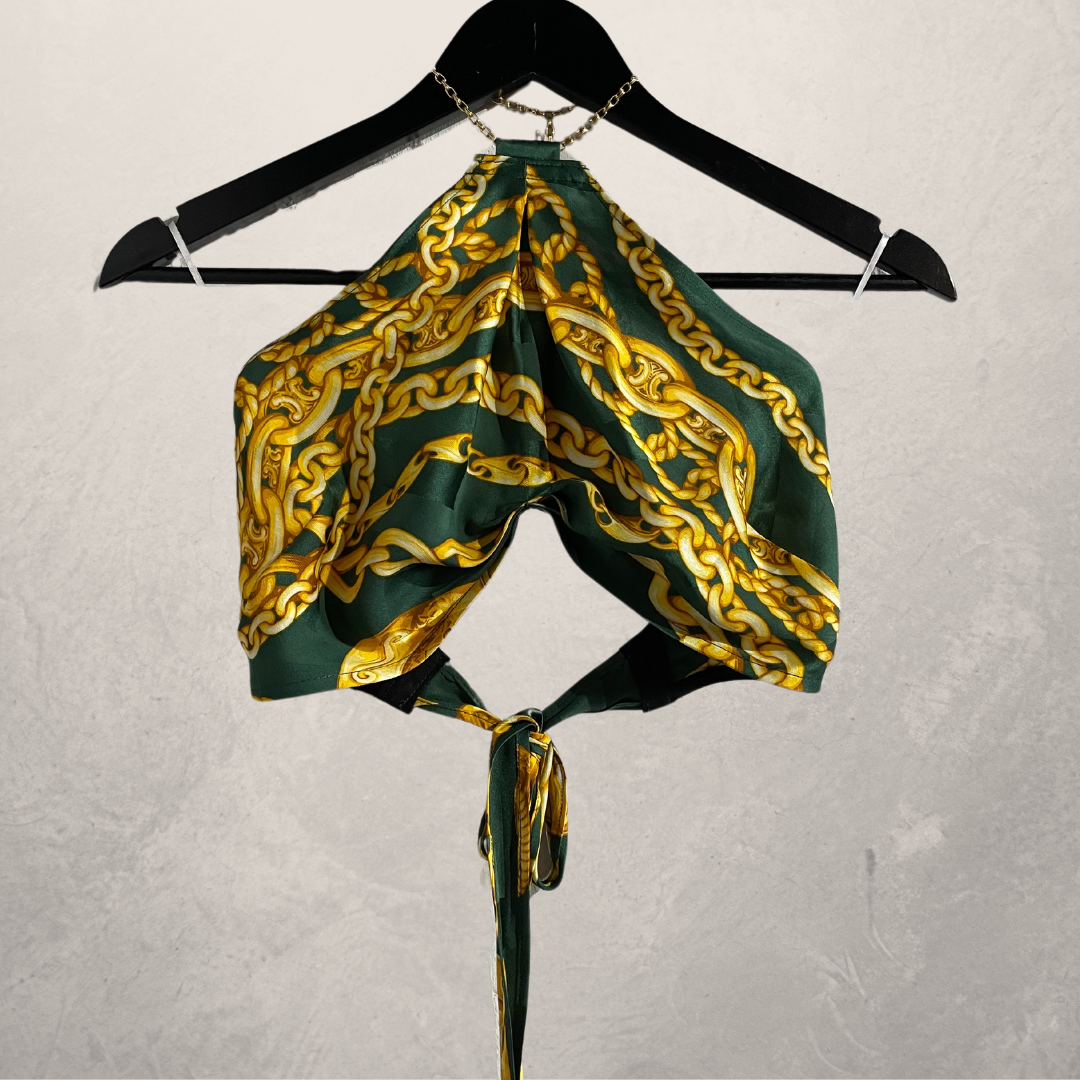 "CELINE" green gold 100% silk chain halter top M/L- by @Home_is_a_Runway