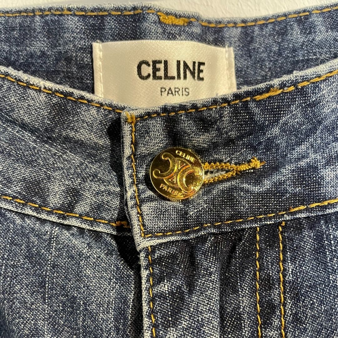 Celine 2016 middenblauwe denim monogrambroek met hoge taille 38