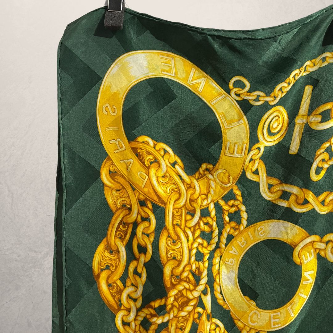 Celine green gold silk scarf 90cm x 90cm