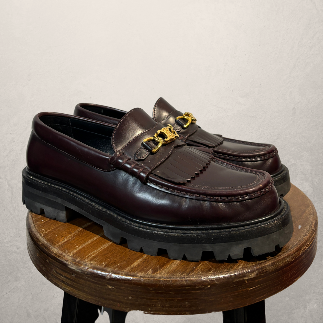 Celine triomphe gold chain burgundy margaret loafer 40