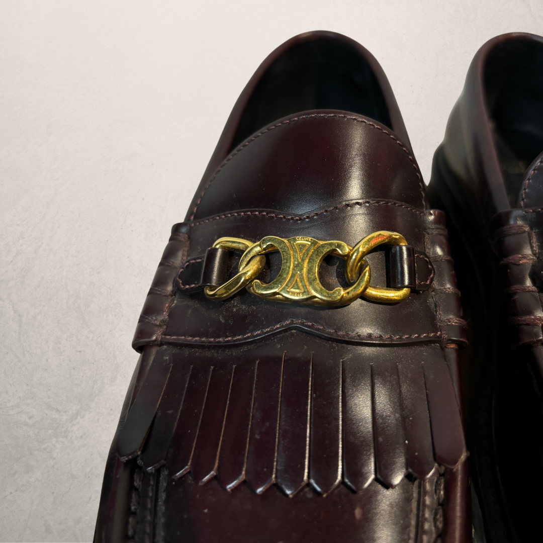 Celine triomphe gold chain burgundy margaret loafer 40