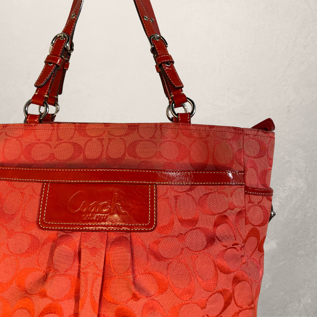 Coach red monogram pleated gallery tote bag