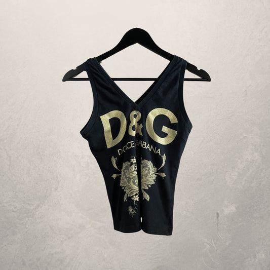 D&amp;G zwarte katoenen tanktop met logo en bloemenprint XS/S-PF