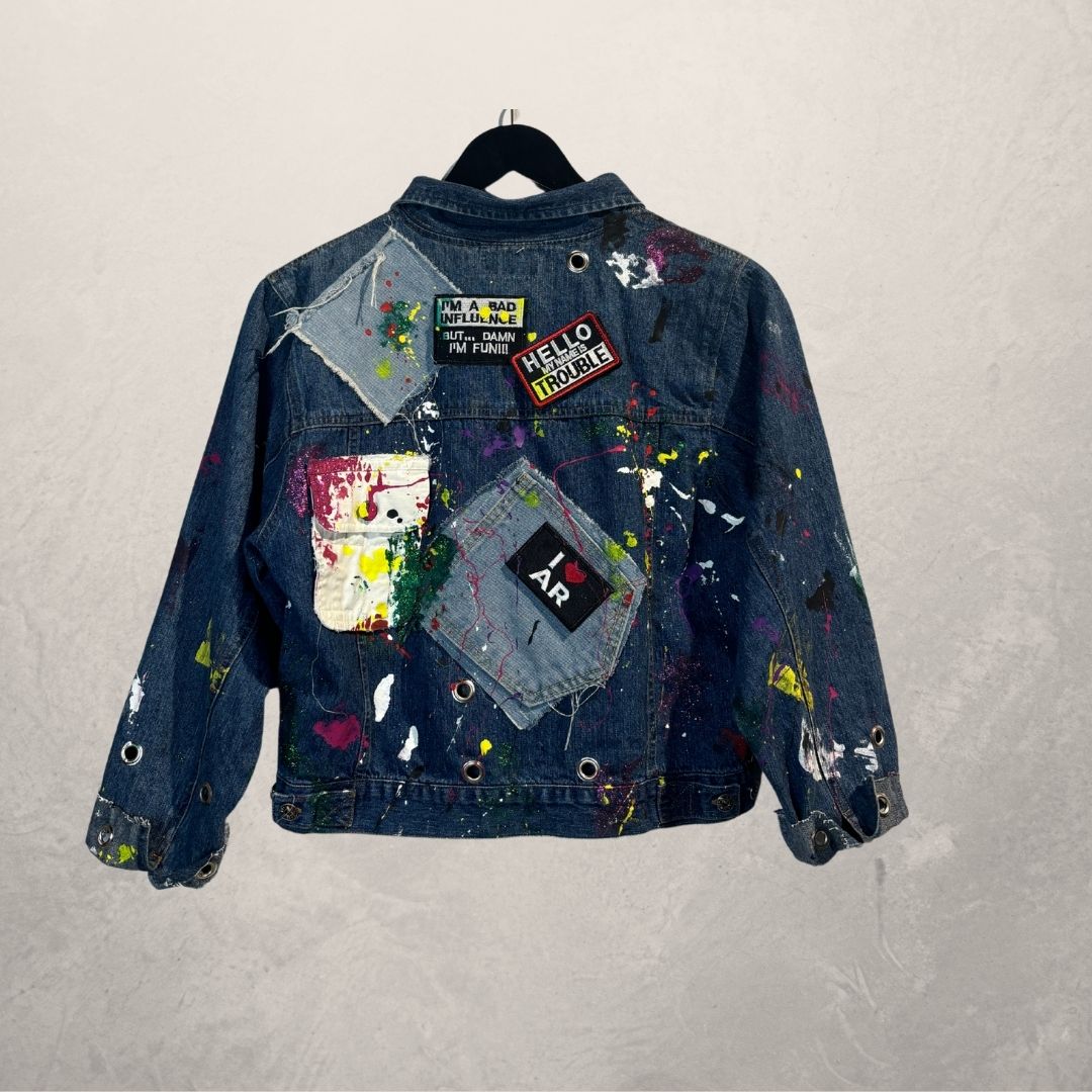 Dark blue handpainted crop denim jacket Small - by M.a.r.r.art