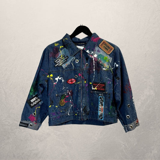 Dark blue handpainted crop denim jacket Small - by M.a.r.r.art
