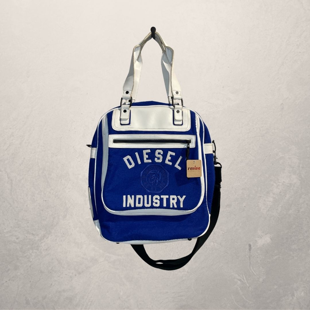 Dieselblauwe witte leren vilten tas OS