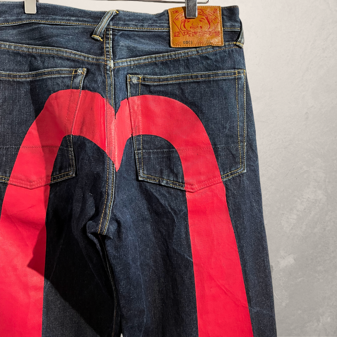 Evisu donkerblauwe rode logo denim broek 31