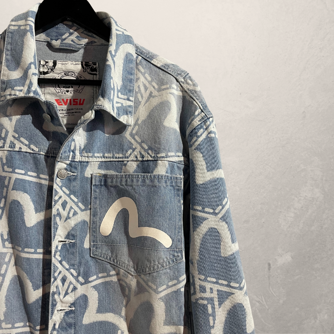 Evisu zeldzame middenblauwe logo denim jas L